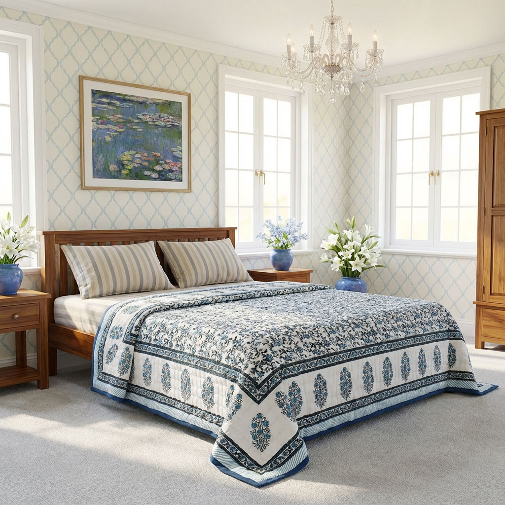 Handmade Block Printed Cotton Twin Size Quilt  Ragini Blue 105175