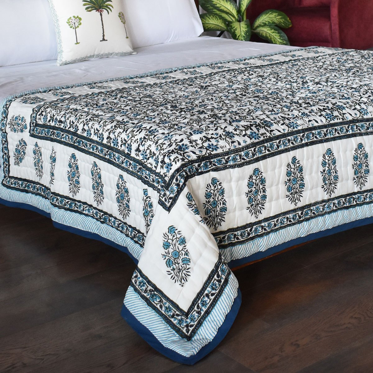 Handmade Block Printed Cotton Twin Size Quilt Ragini Blue 105175