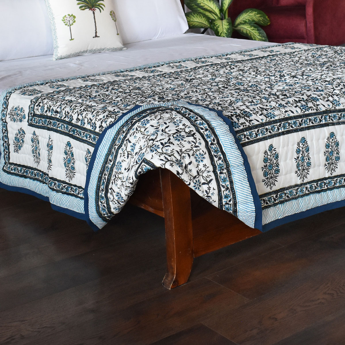 Handmade Block Printed Cotton Twin Size Quilt Ragini Blue 105175