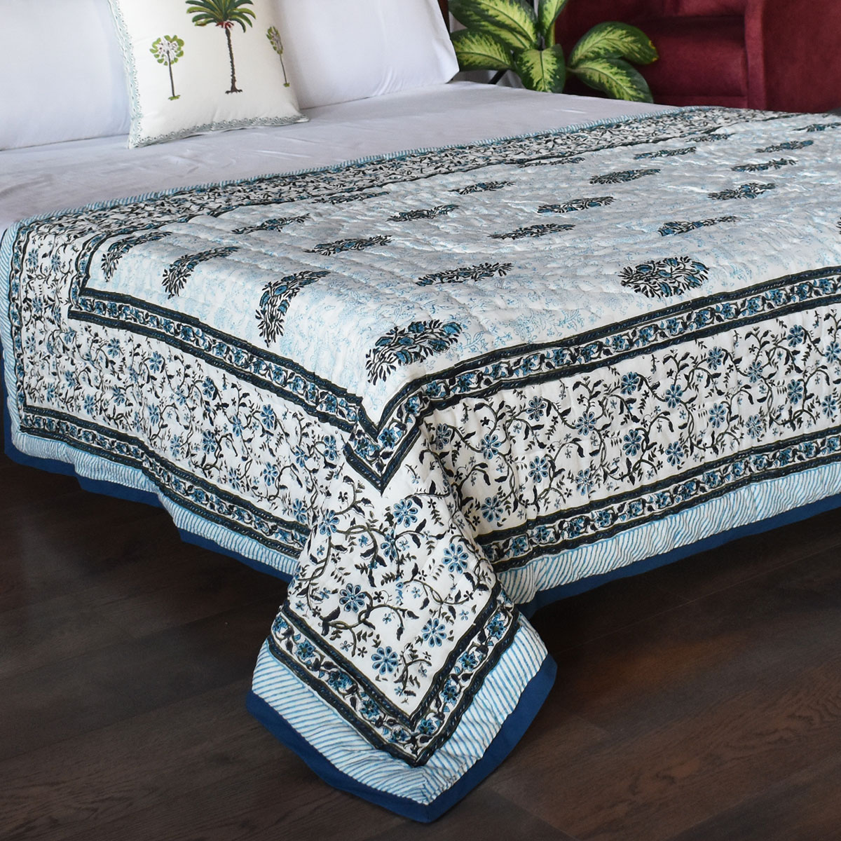 Handmade Block Printed Cotton Twin Size Quilt Ragini Blue 105175