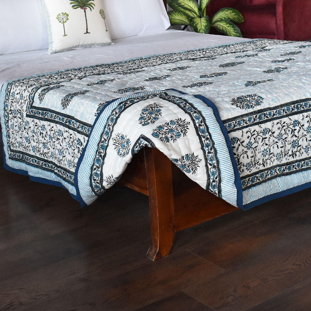 Handmade Block Printed Cotton Twin Size Quilt Ragini Blue 105175