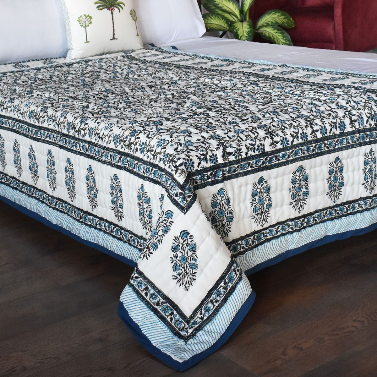 Handmade Block Printed Cotton Twin Size Quilt Ragini Blue 105175