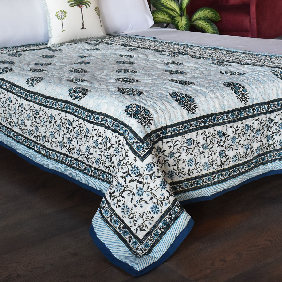 Handmade Block Printed Cotton Twin Size Quilt Ragini Blue 105175
