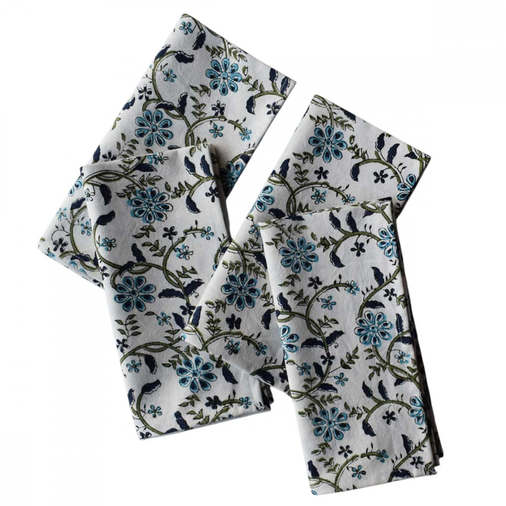Image of Hand Block Printed Cotton Napkin 45x45 cms (Set of 4 Napkins) | Ragini Blue 106149