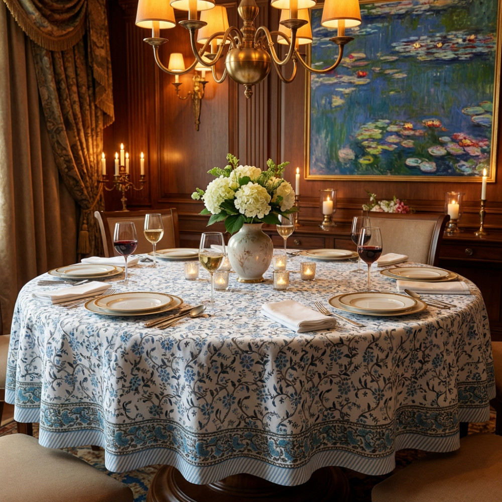 Image of Hand Block Printed Cotton Round Tablecloth 220 cms | Ragini Blue 106149