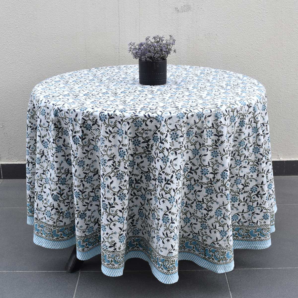 Hand Block Printed Cotton Round Tablecloth 220 cms Ragini Blue 106149
