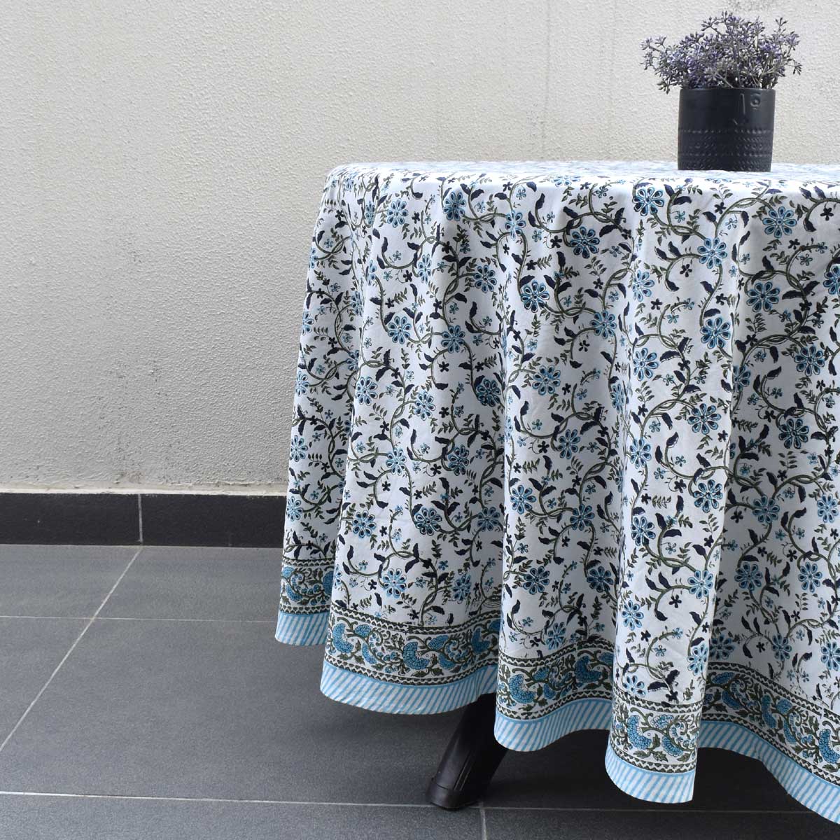 Hand Block Printed Cotton Round Tablecloth 220 cms  Ragini Blue 106149