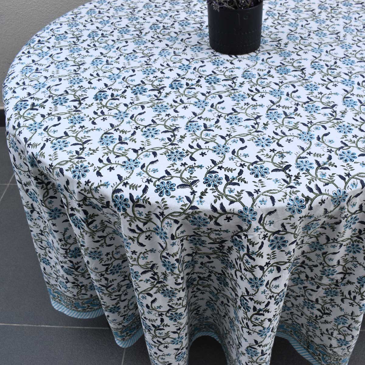 Hand Block Printed Cotton Round Tablecloth 220 cms  Ragini Blue 106149