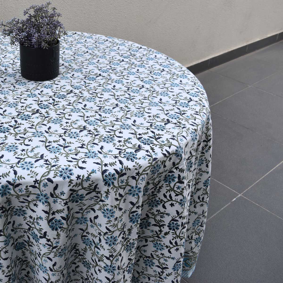 Hand Block Printed Cotton Round Tablecloth 220 cms Ragini Blue 106149