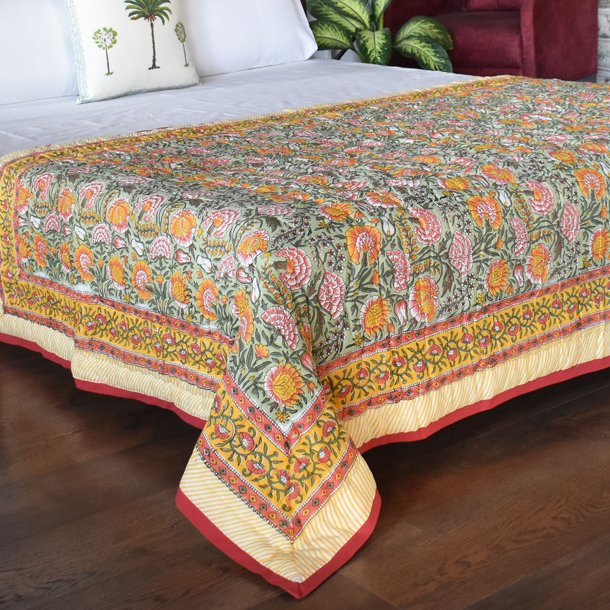 Hand Block Printed Cotton Twin Size Quilt Reshma Sea Green 206148
