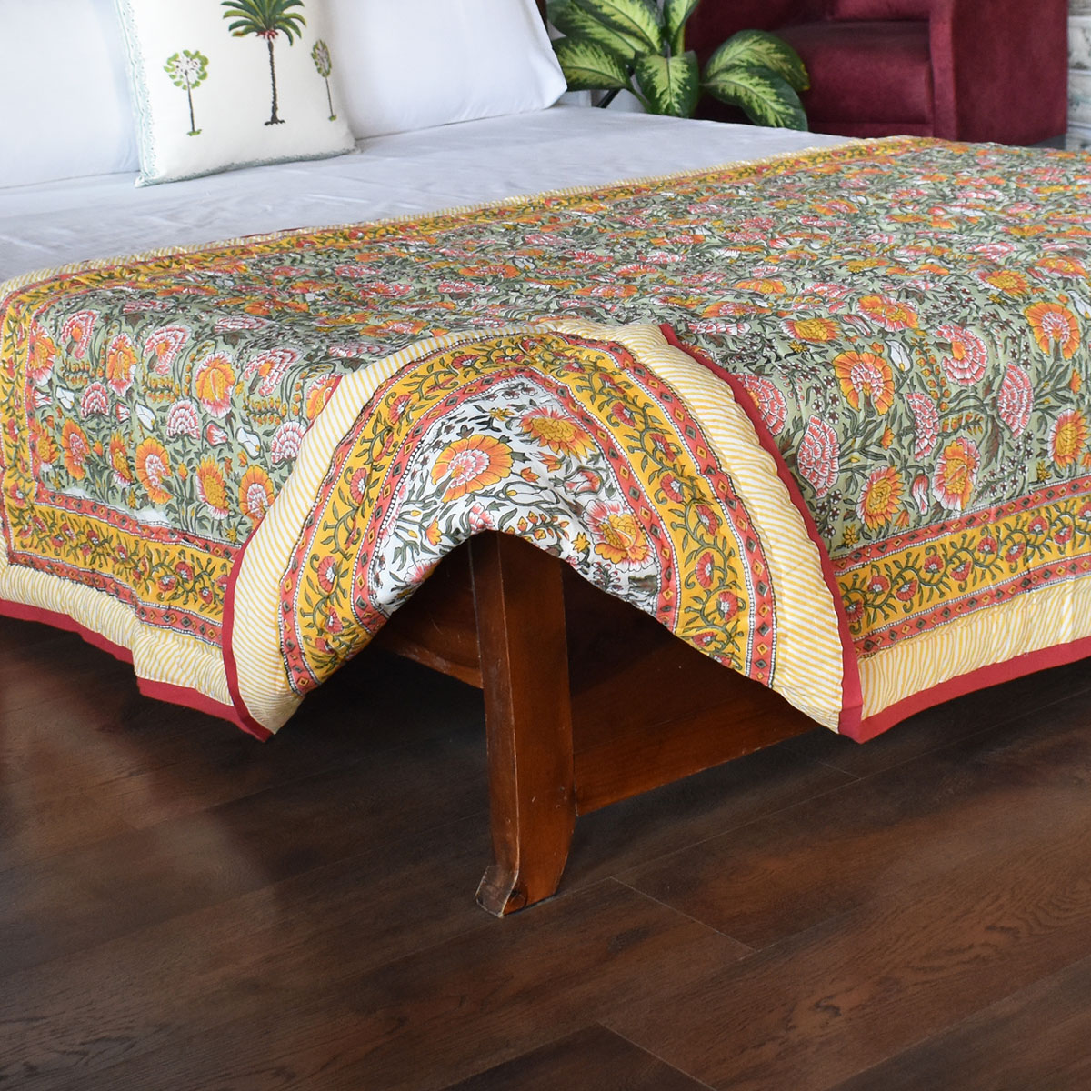 Hand Block Printed Cotton Twin Size Quilt Reshma Sea Green 206148