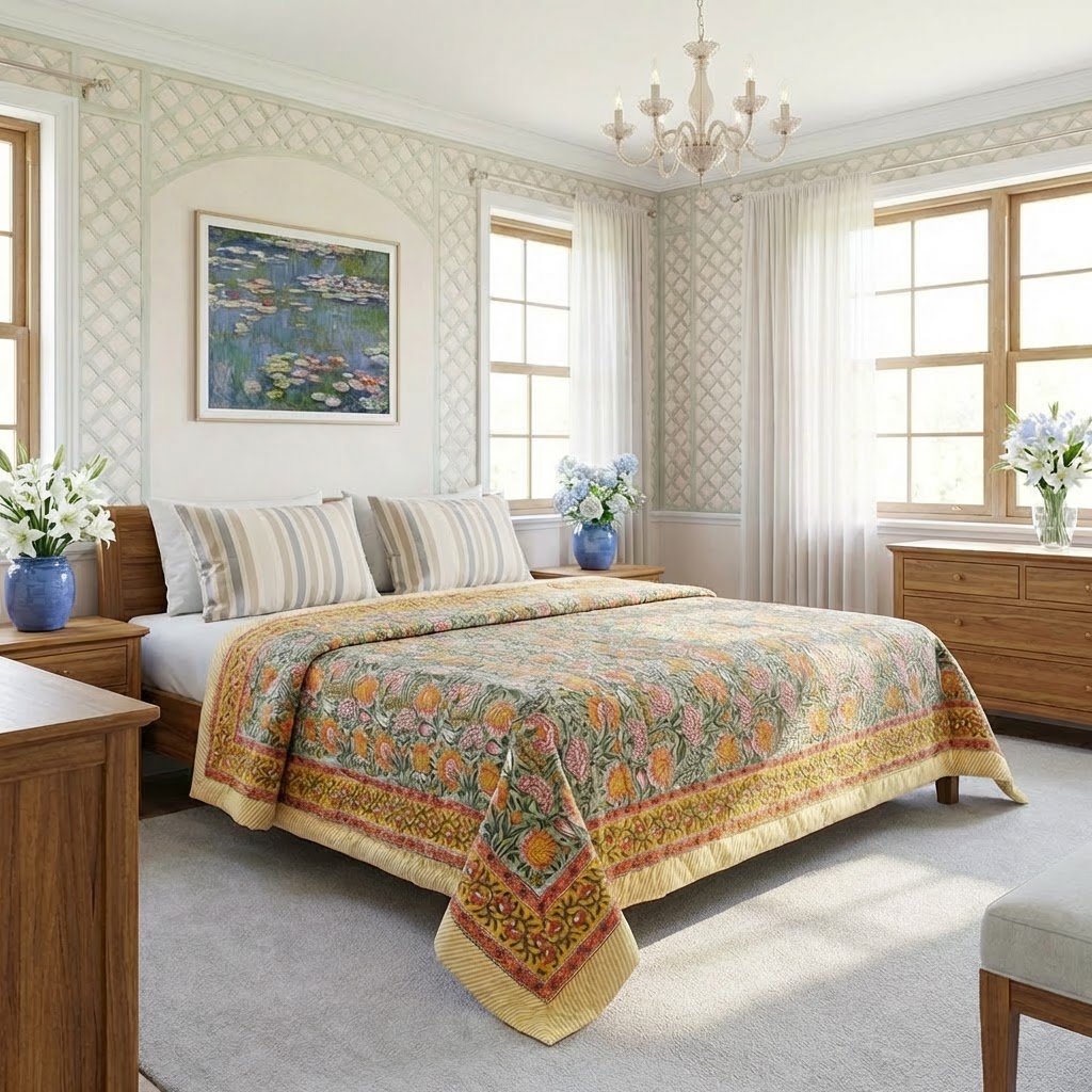 Hand Block Printed Cotton Twin Size Quilt Reshma Sea Green 201343