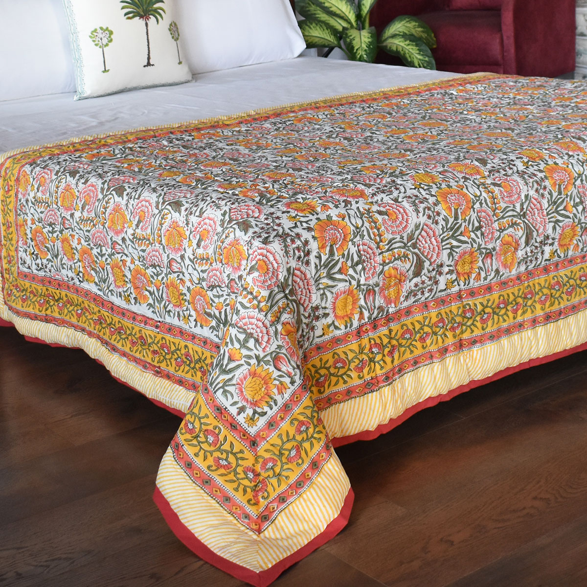 Hand Block Printed Cotton Twin Size Quilt Reshma Sea Green 206148