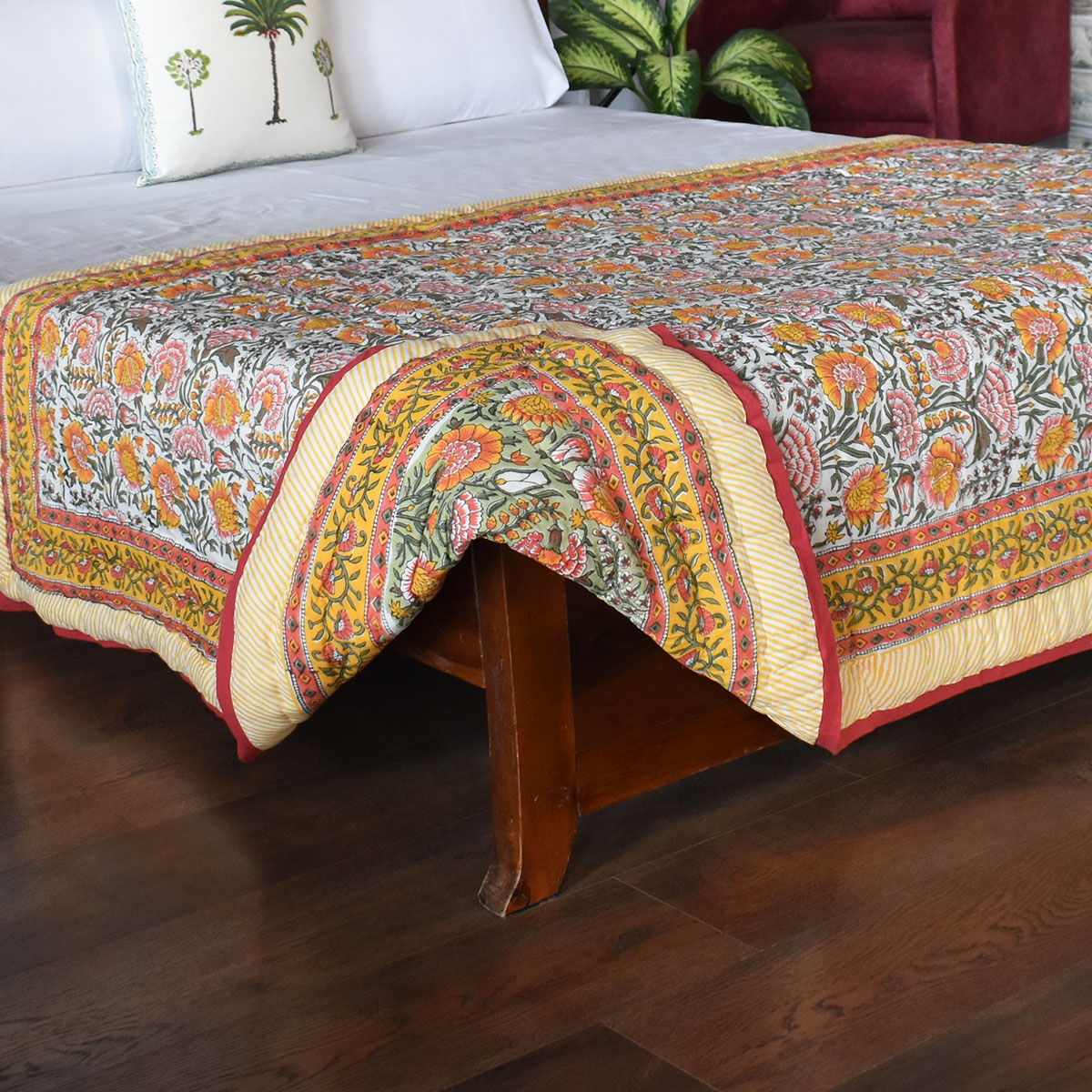Hand Block Printed Cotton Twin Size Quilt Reshma Sea Green 206148