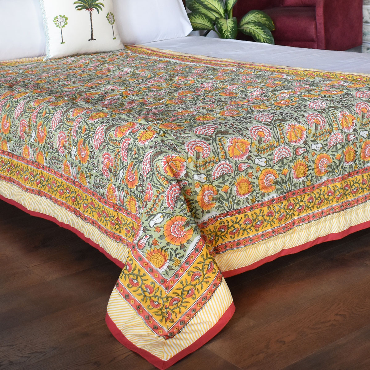 Hand Block Printed Cotton Twin Size Quilt Reshma Sea Green 206148