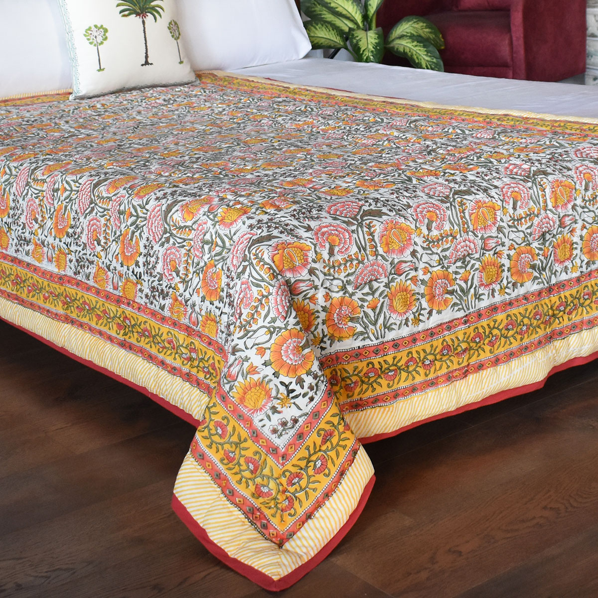 Hand Block Printed Cotton Twin Size Quilt Reshma Sea Green 206148