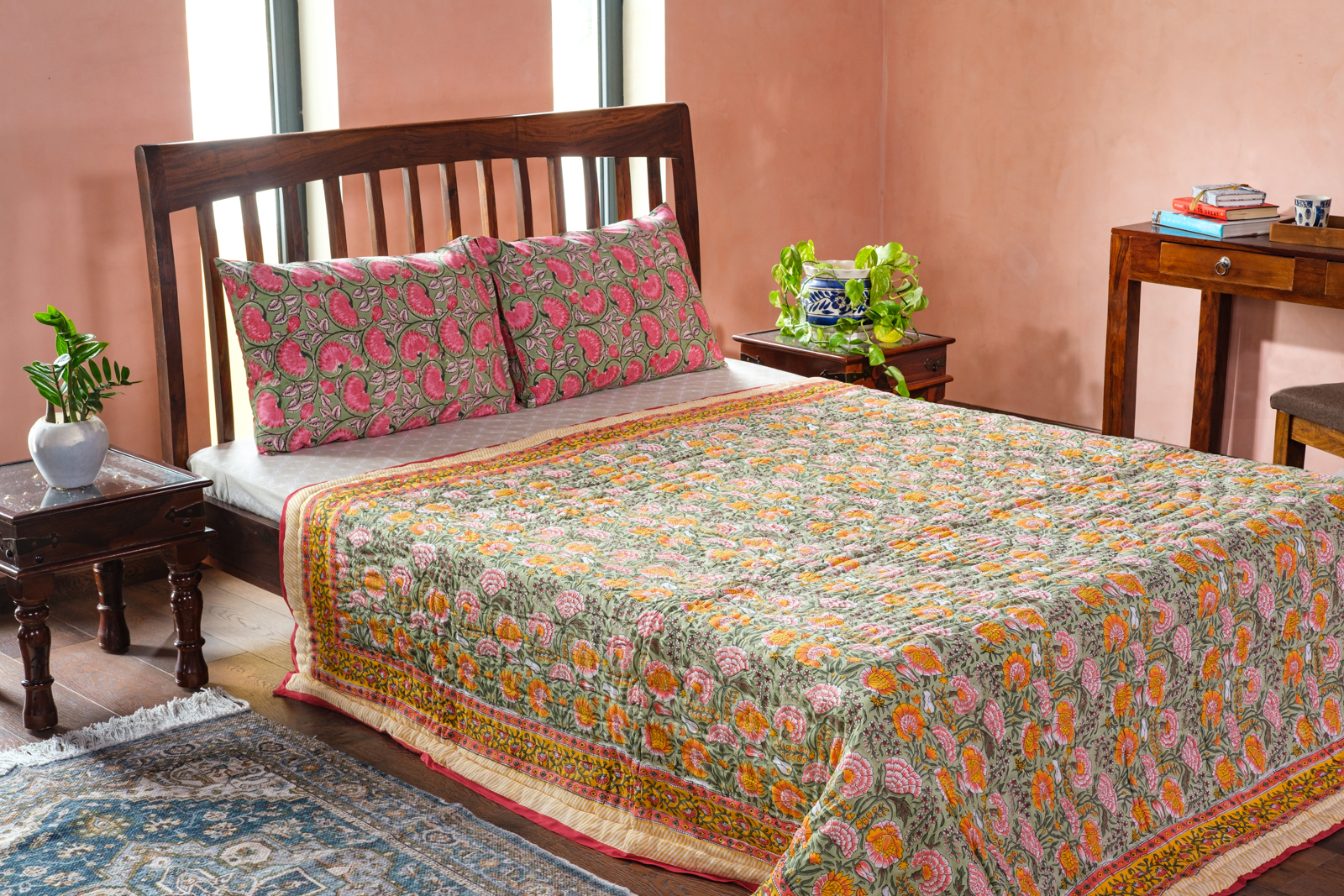 Hand Block Printed Cotton Queen Size Quilt Reshma Sea Green 206148
