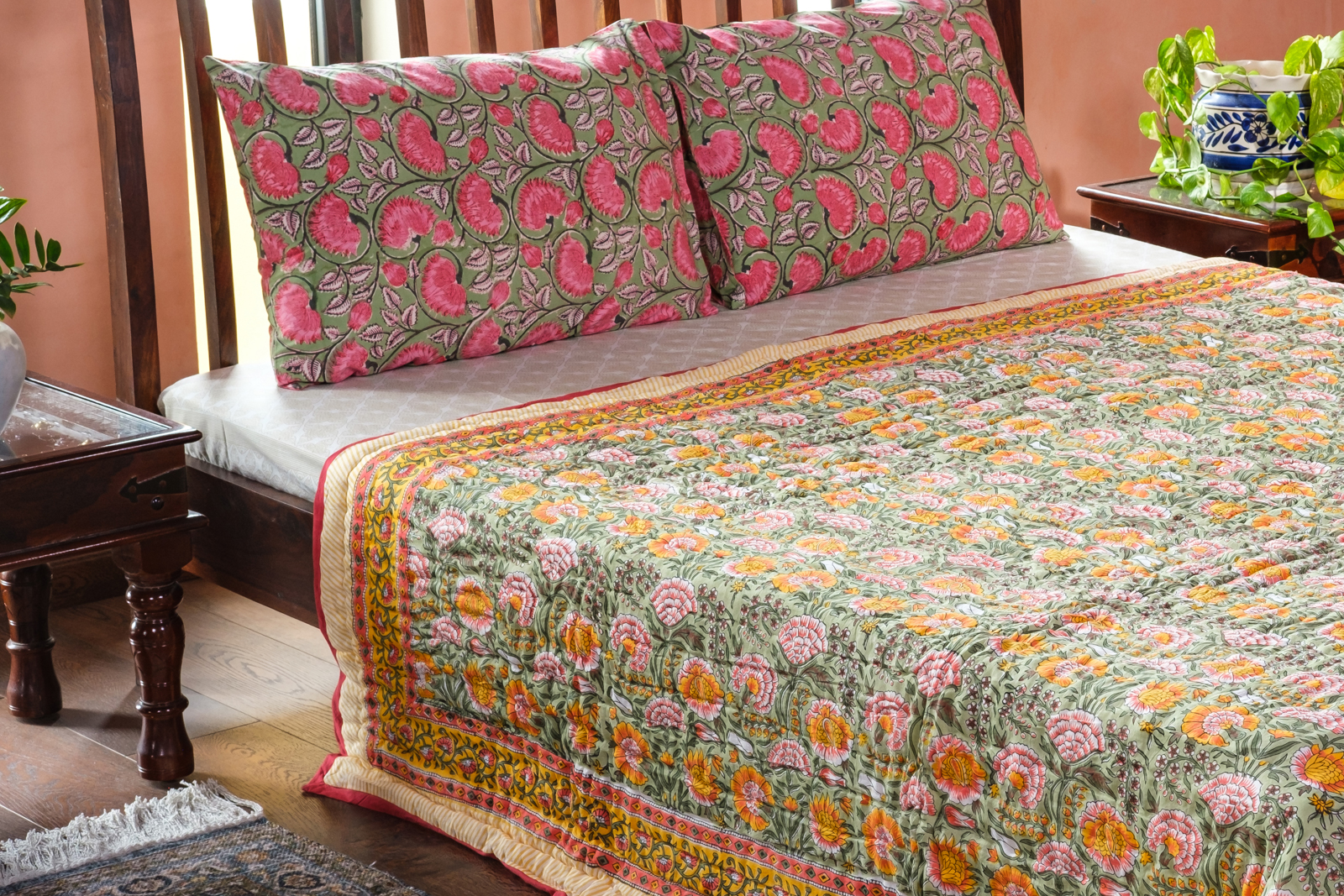 Hand Block Printed Cotton Queen Size Quilt Reshma Sea Green 206148