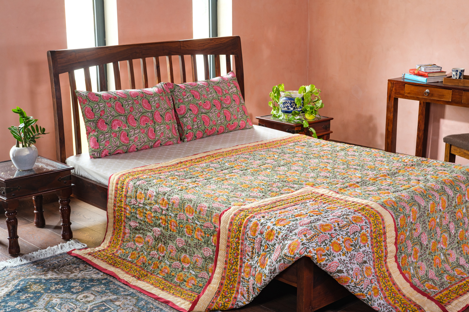 Hand Block Printed Cotton Queen Size Quilt Reshma Sea Green 206148