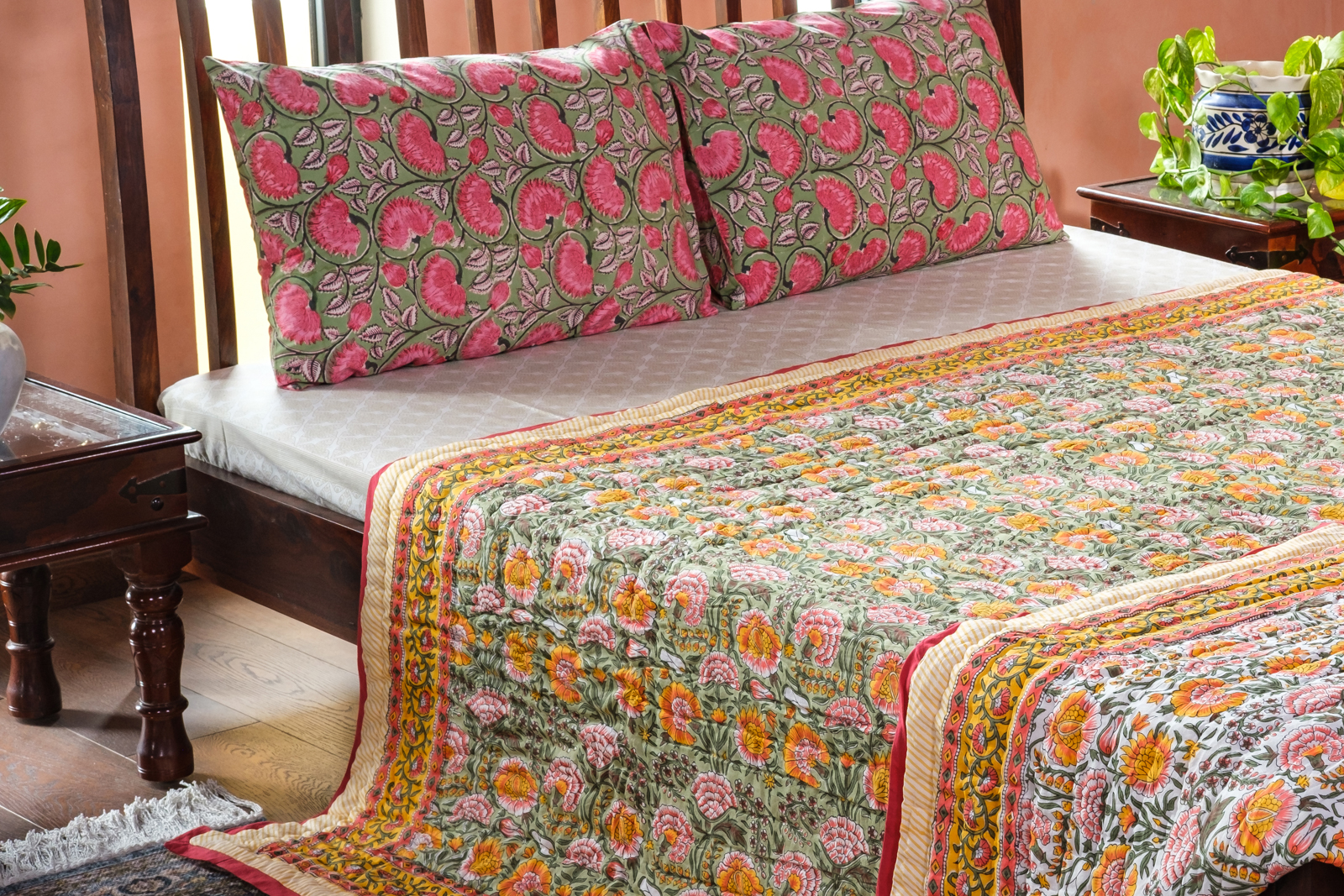 Hand Block Printed Cotton Queen Size Quilt Reshma Sea Green 206148