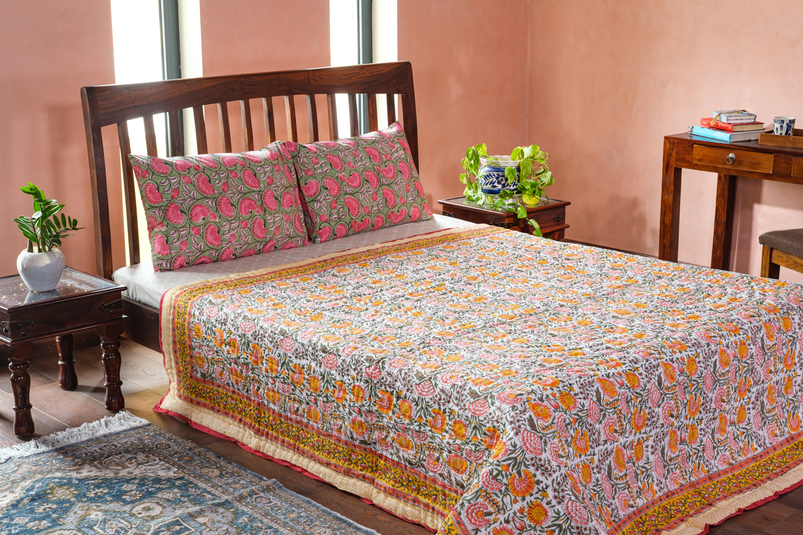 Hand Block Printed Cotton Queen Size Quilt Reshma Sea Green 206148