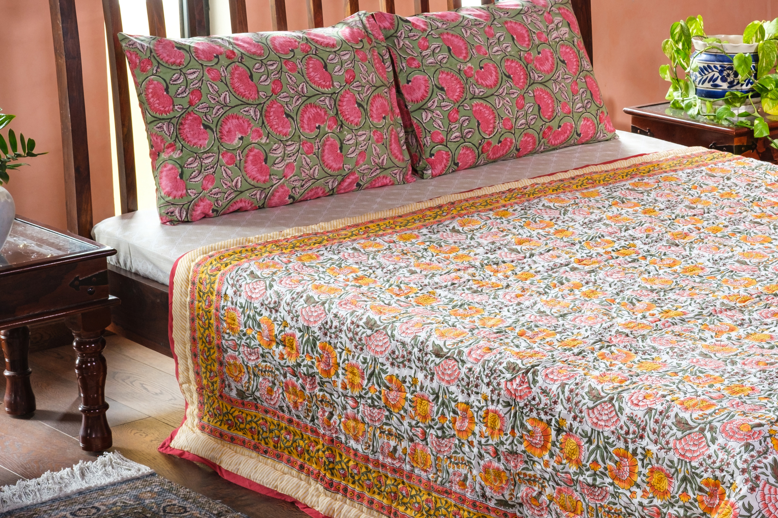 Hand Block Printed Cotton Queen Size Quilt Reshma Sea Green 206148
