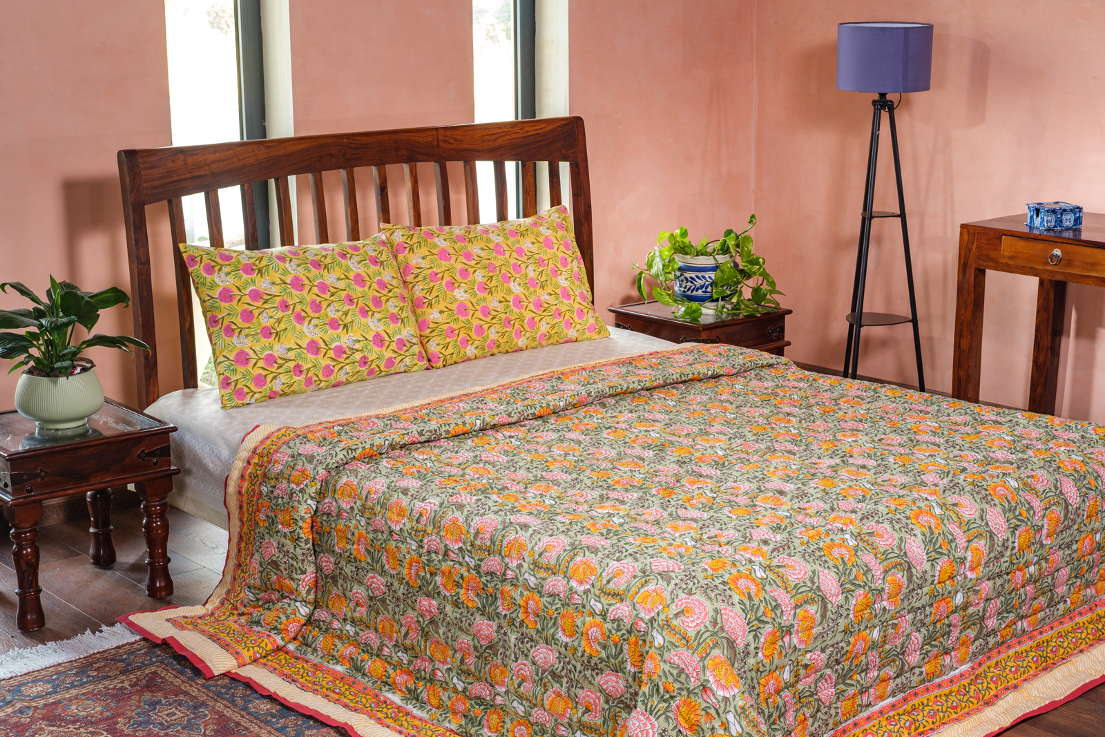 Hand Block Printed Cotton King Size Quilt Reshma Sea Green 206148