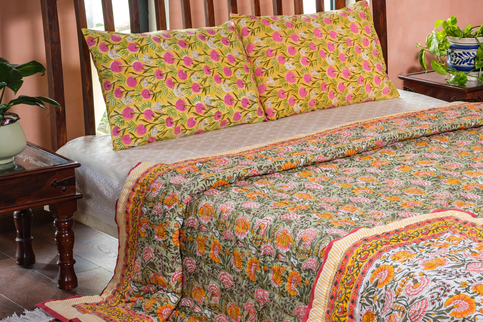Hand Block Printed Cotton King Size Quilt Reshma Sea Green 206148