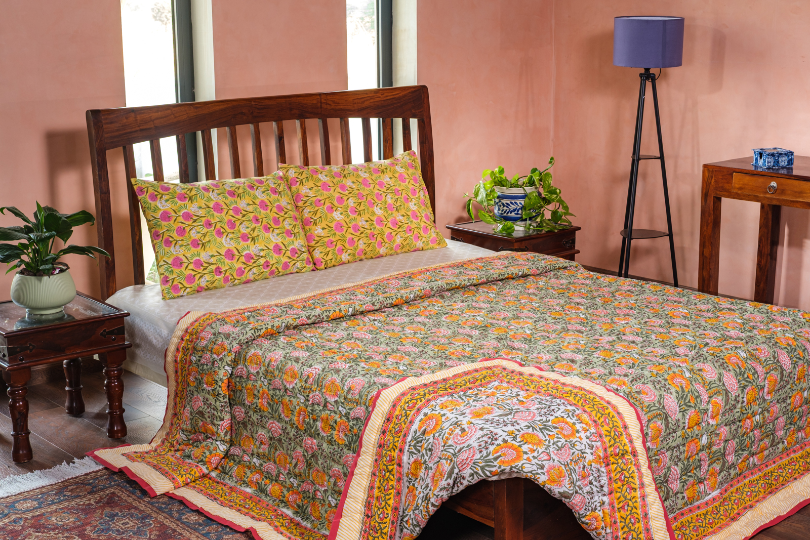 Hand Block Printed Cotton King Size Quilt Reshma Sea Green 206148