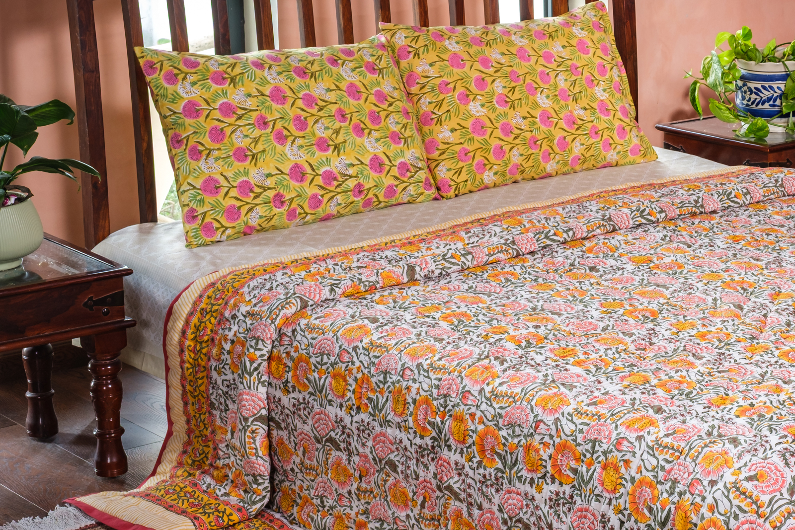 Hand Block Printed Cotton King Size Quilt  Reshma Sea Green 206148