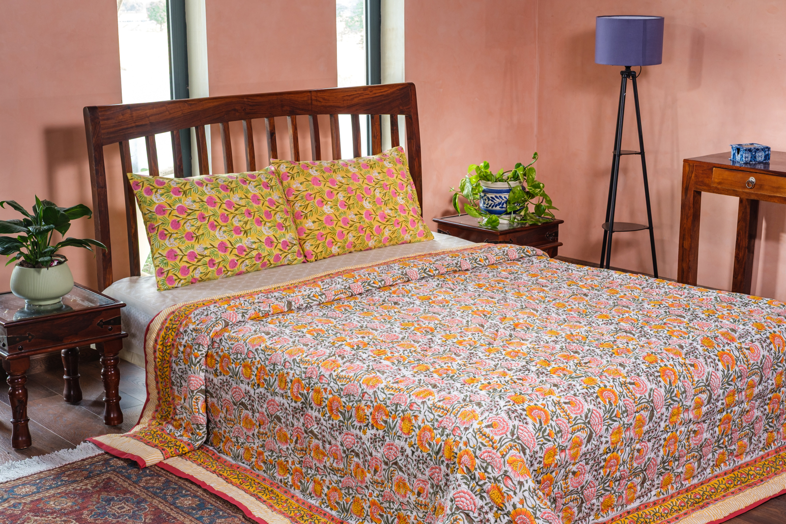 Hand Block Printed Cotton King Size Quilt  Reshma Sea Green 206148