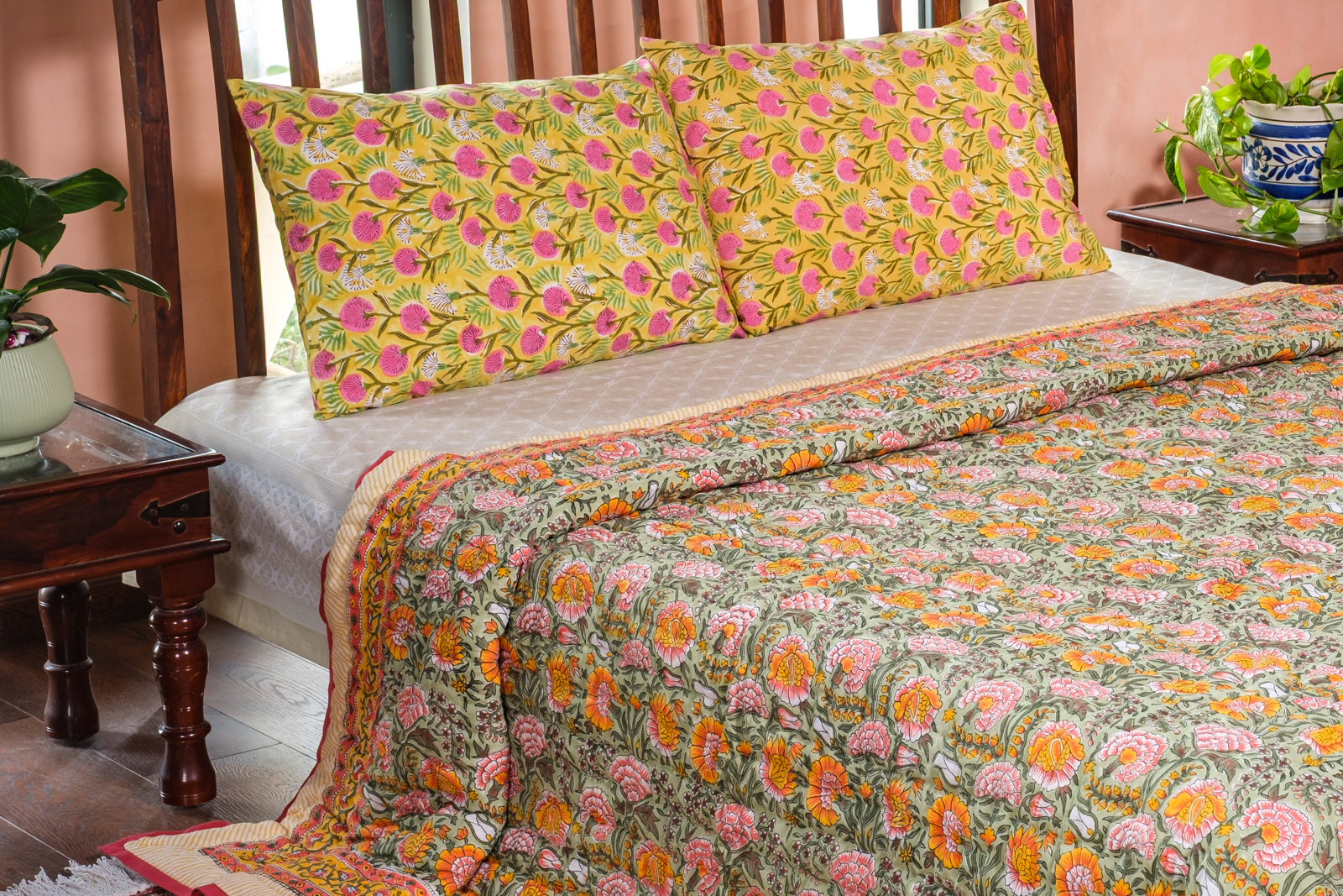 Hand Block Printed Cotton King Size Quilt Reshma Sea Green 206148