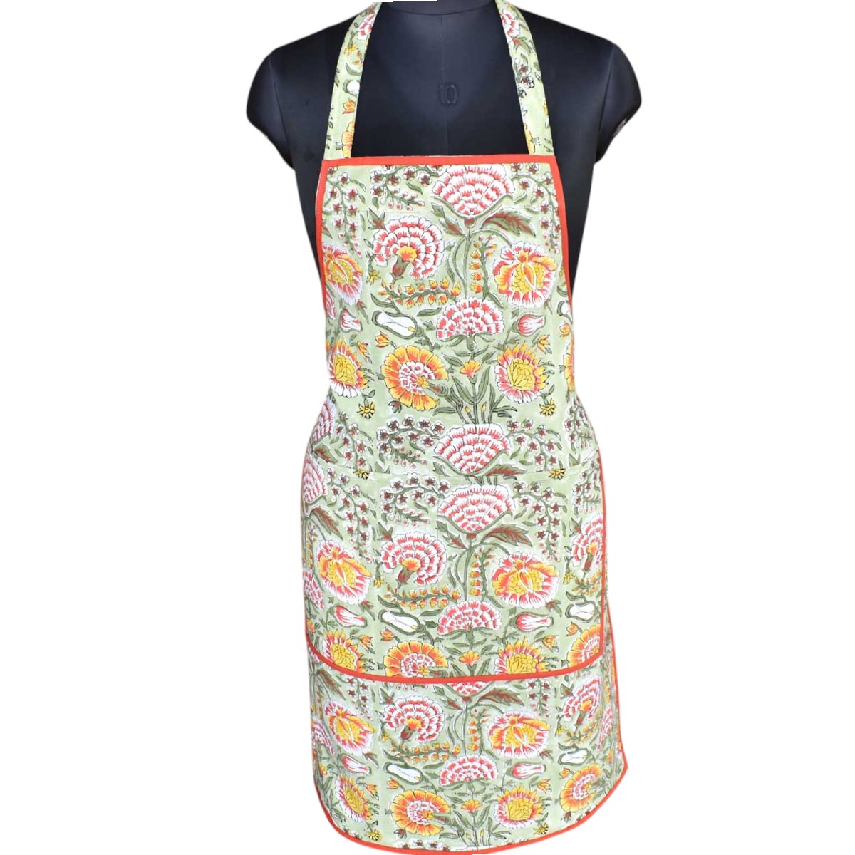 Indian Block-Printed 100 Cotton Apron Reshma Sea Green Gud 203224