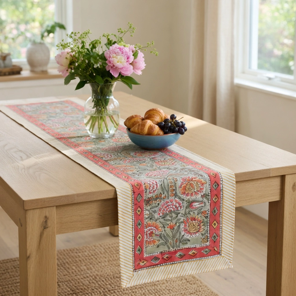 Hand Block Printed Cotton Canvas Table Runner 33x170 cms Reshma Sea Green Gud 203224