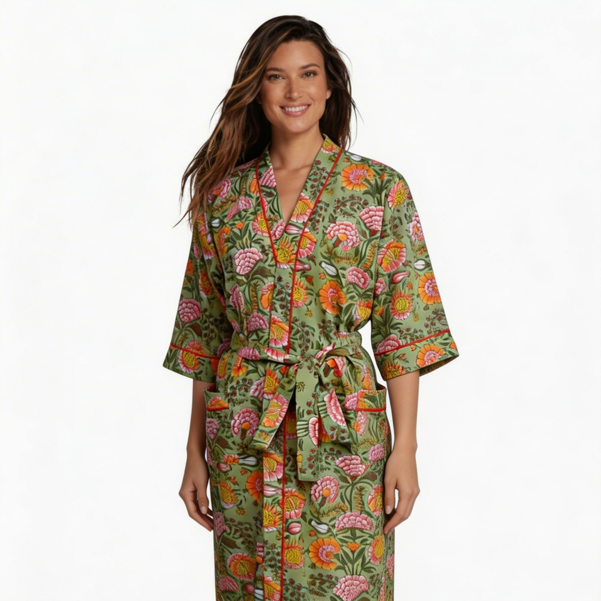 Indian Block-Printed 100 Cotton Kimono Reshma Sea Green Gud 203224
