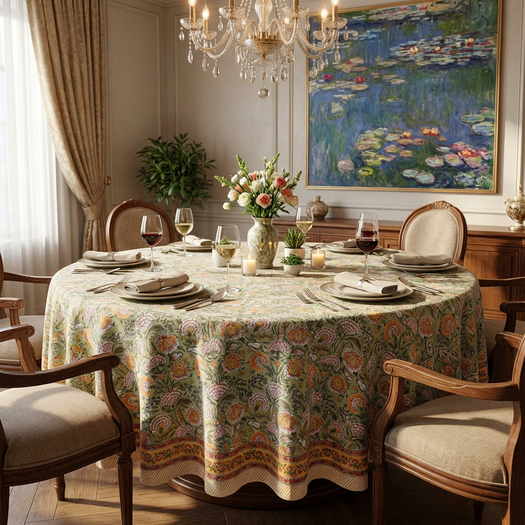 Hand Block Printed Cotton Round Tablecloth 150 cms Reshma Sea Green Gud 203224