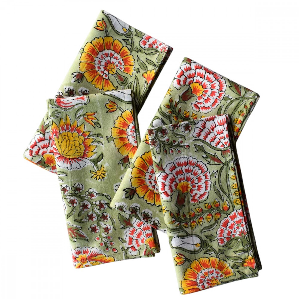 Image of Hand Block Printed Cotton Napkin 45x45 cms (Set of 4 Napkins) | Reshma Sea Green Gud 203224
