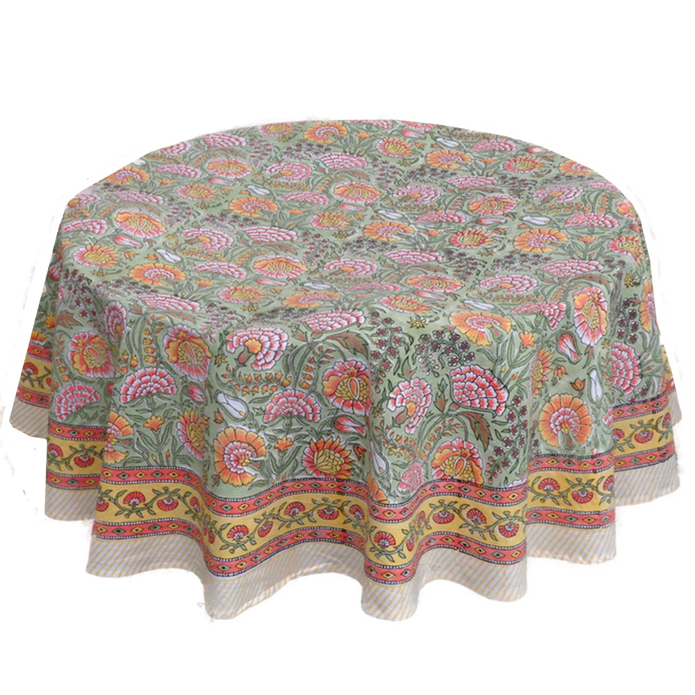Hand Block Printed Cotton Round Tablecloth 275 cms  Reshma Sea Green Gud 203224