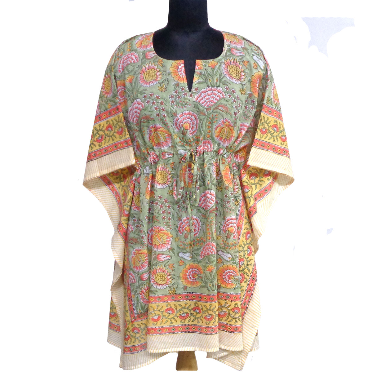 String Kaftan Free Size Indian Block Printed on Soft Cotton Voile Reshma Sea Green Gud 203224