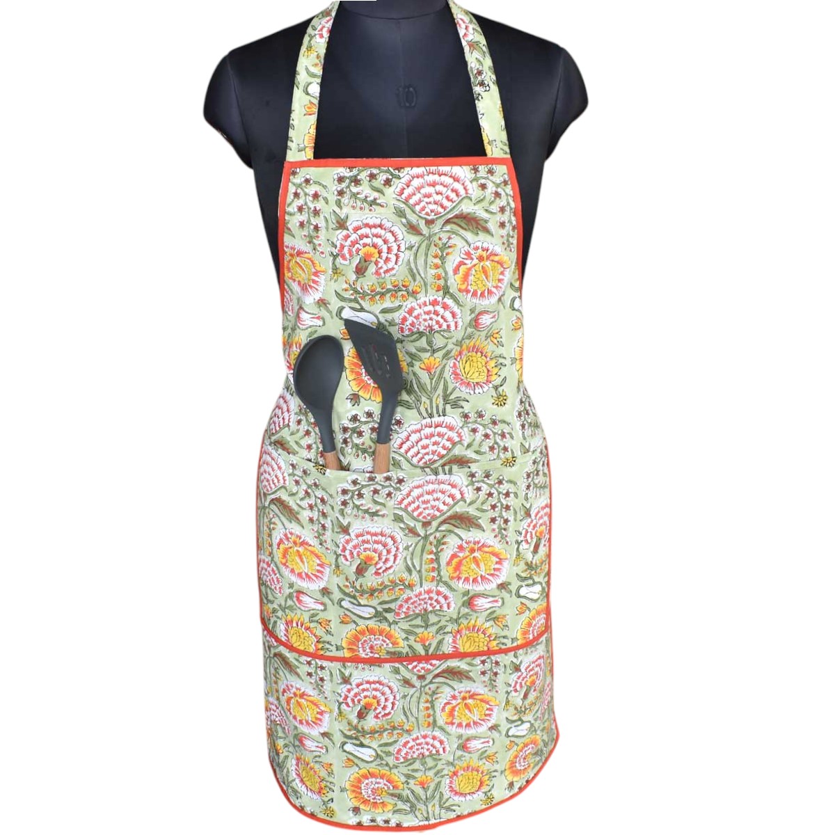 Indian Block-Printed 100 Cotton Apron Reshma Sea Green Gud 203224