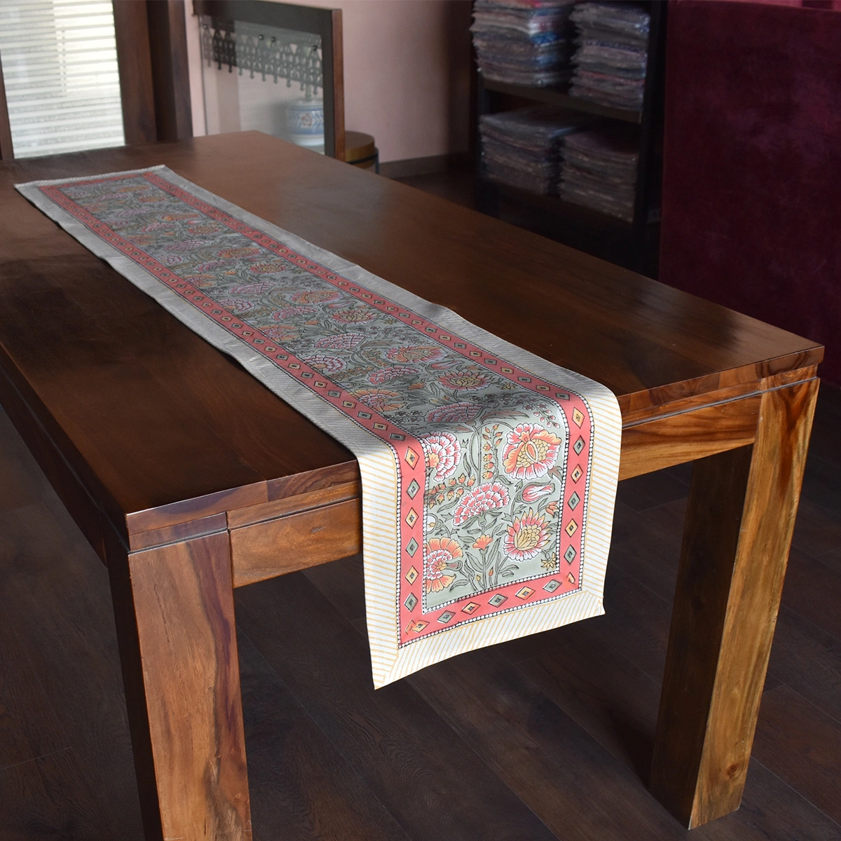 Hand Block Printed Cotton Canvas Table Runner 33x170 cms Reshma Sea Green Gud 203224