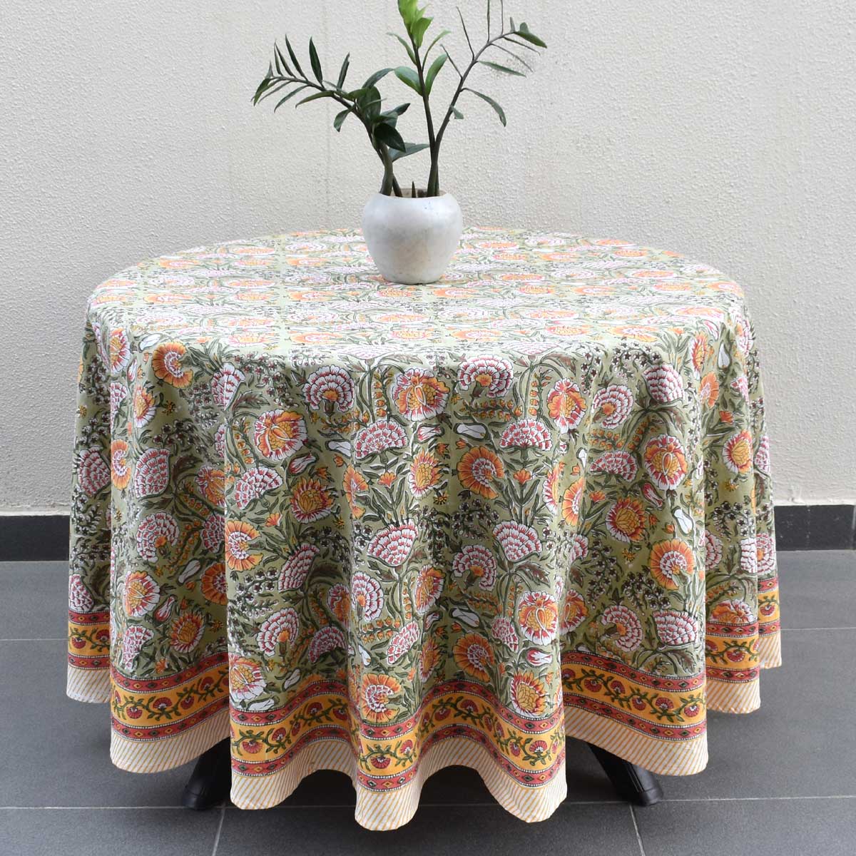 Hand Block Printed Cotton Round Tablecloth 275 cms Reshma Sea Green Gud 203224