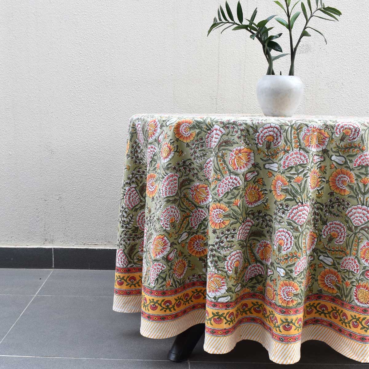 Hand Block Printed Cotton Round Tablecloth 180 cms Reshma Sea Green Gud 203224
