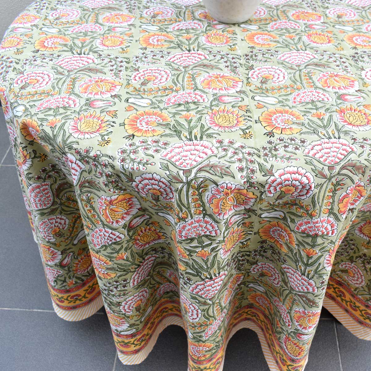 Hand Block Printed Cotton Round Tablecloth 150 cms Reshma Sea Green Gud 203224
