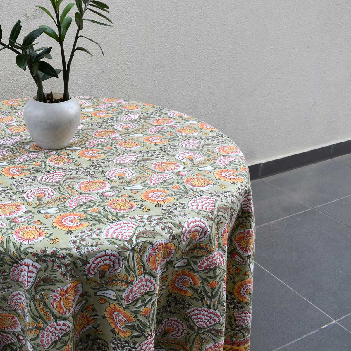 Hand Block Printed Cotton Round Tablecloth 275 cms Reshma Sea Green Gud 203224