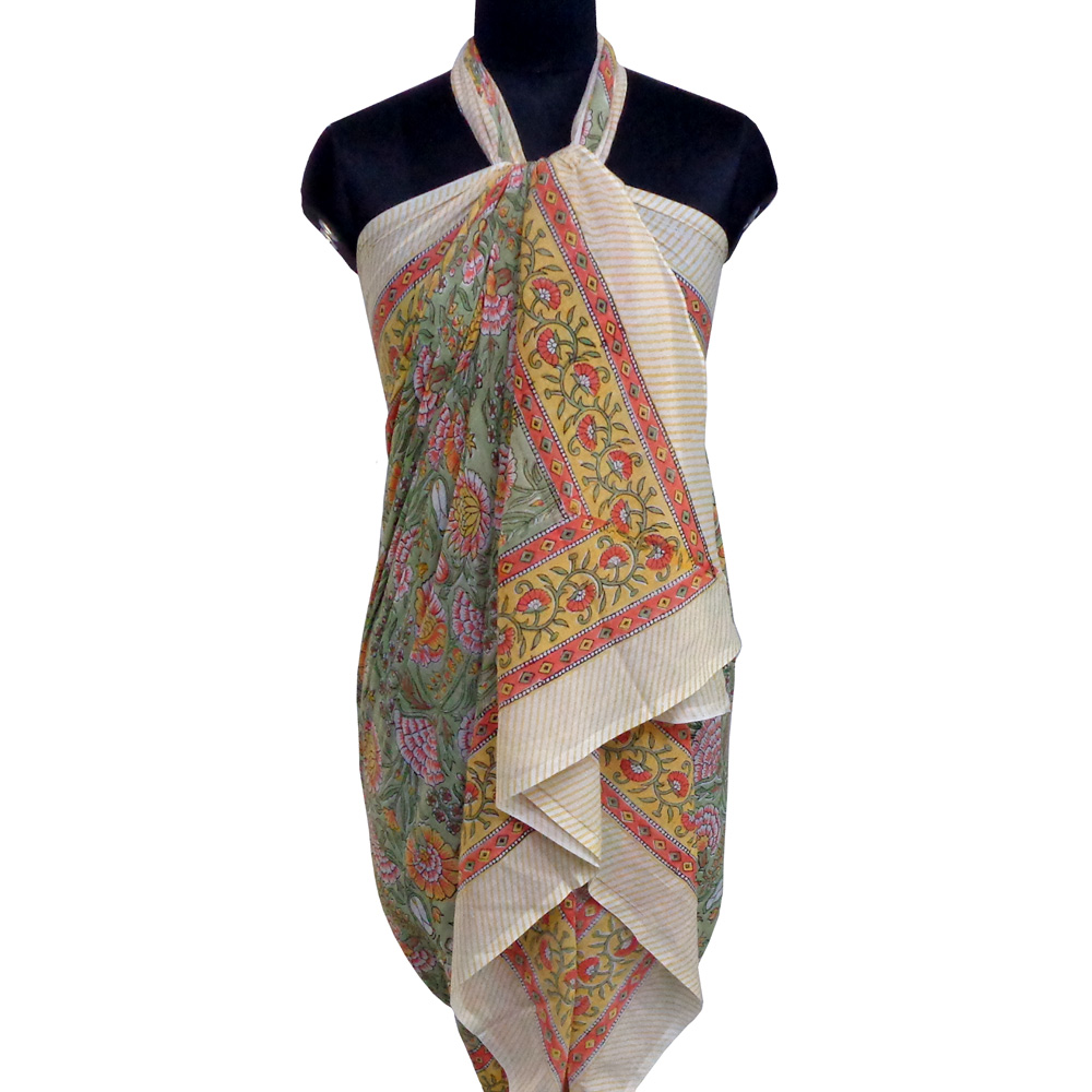 Beach Wrap Sarong Womens Swimwear Wraparound Pareo Soft Cotton Hand Block Printed Reshma Sea Green Gud 203224