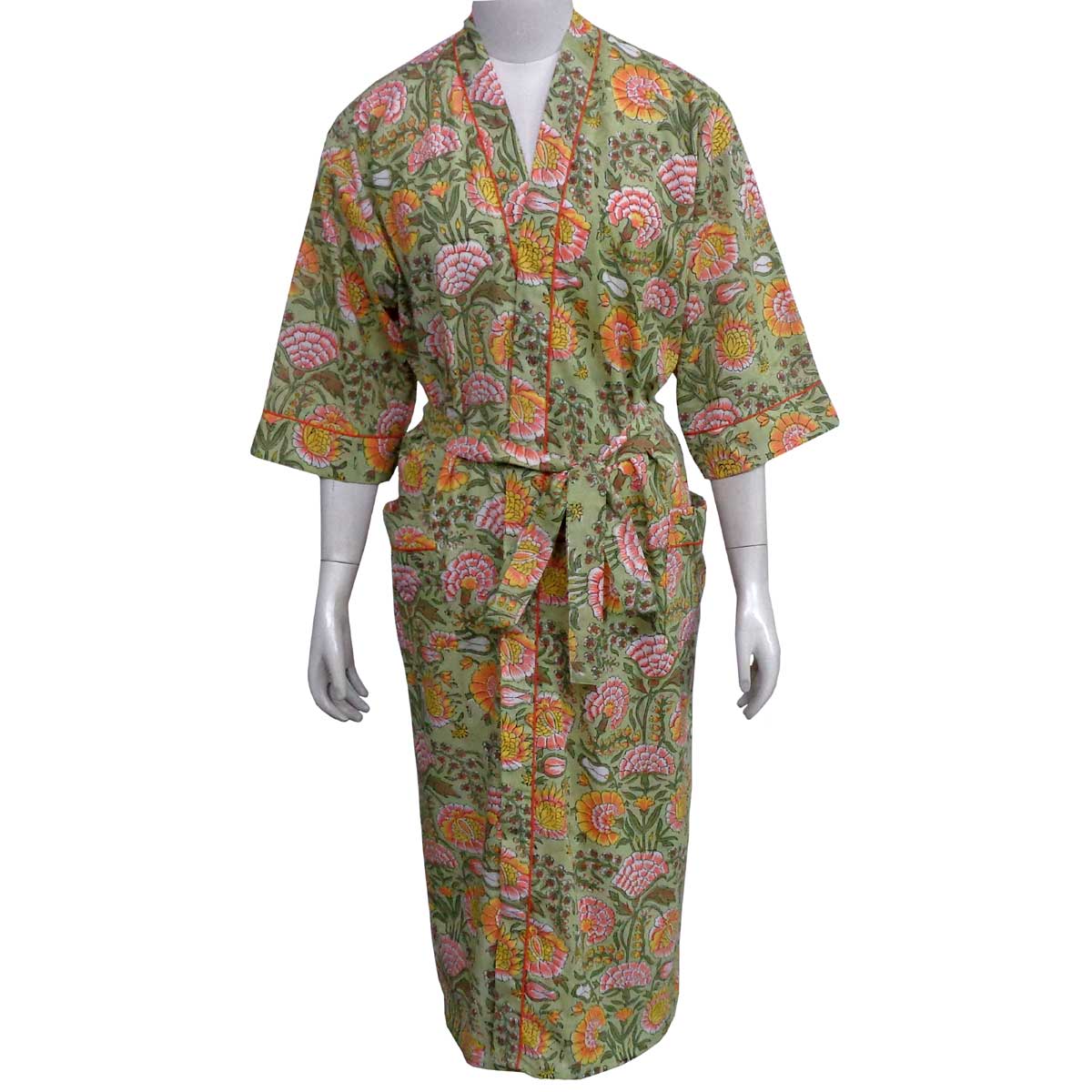 Indian Block-Printed 100 Cotton Kimono Reshma Sea Green Gud 203224