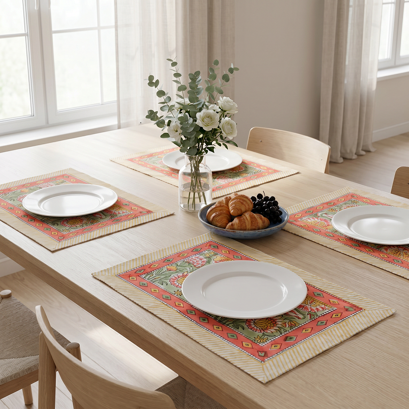 Hand Block Printed Cotton Canvas Table Mat 32x48 cms Set of 2 Table mats Reshma Sea Green Gud 203224