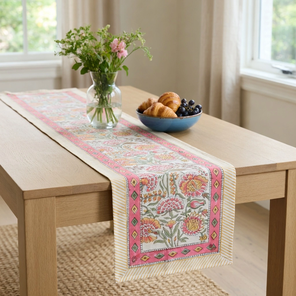 Hand Block Printed Cotton Canvas Table Runner 33x120 cms Reshma Sea Green Open 203253