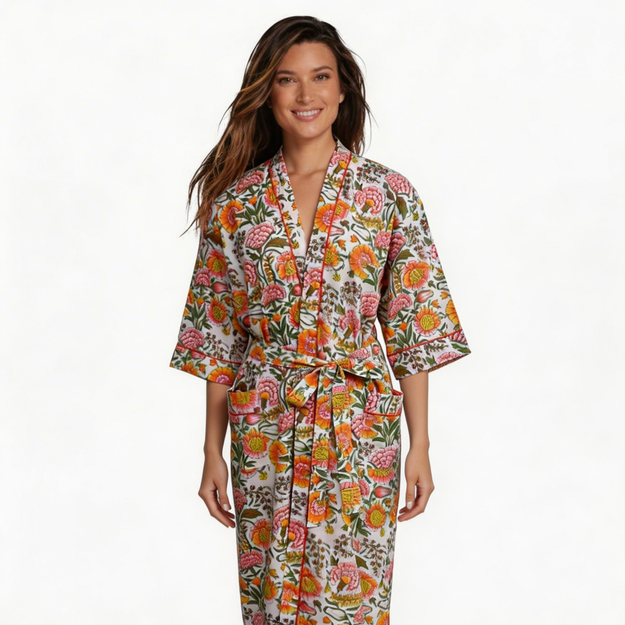 Indian Block-Printed 100 Cotton Kimono Reshma Sea Green Open 203253